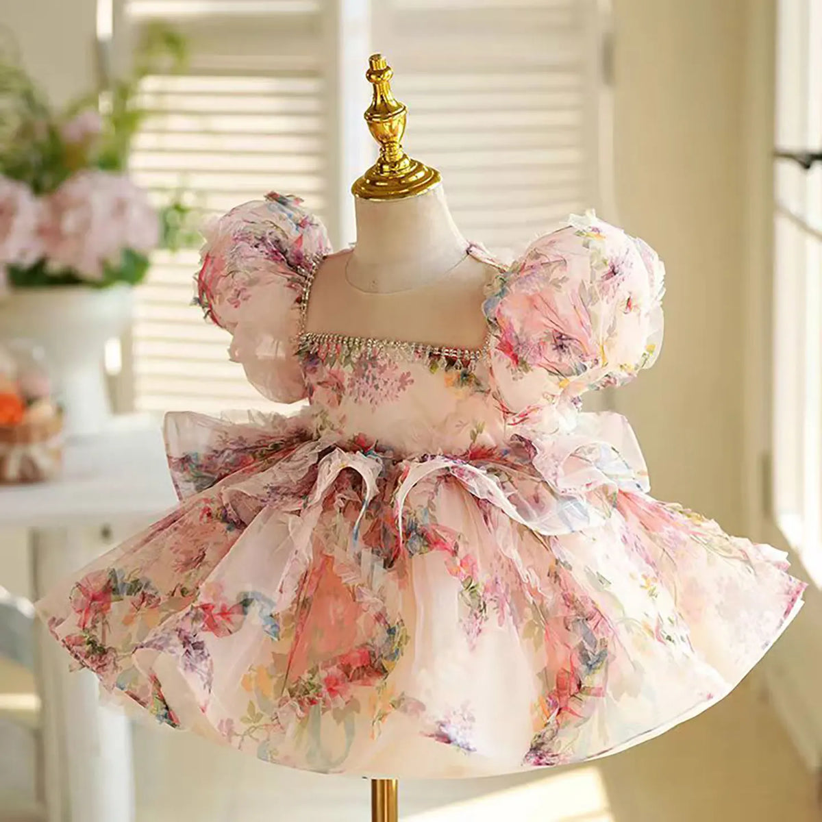 Dreamy Vow J410 Lovely Floral Pink Girl Dress Puff Sleeves for Kids Princess Holiday Birthday Party Ball Gown
