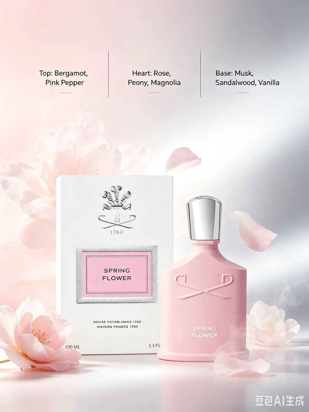Cree.d Spring Flower Eau de Parfum 100ml, Bright Fresh Floral Fruity Elegant Feminine Luxury Niche Women's Perfume with Juicy Peach Apple Pear Soft Jasmine Rose White Musk, Long Lasting Light Airy Sweet Scent for Spring Summe