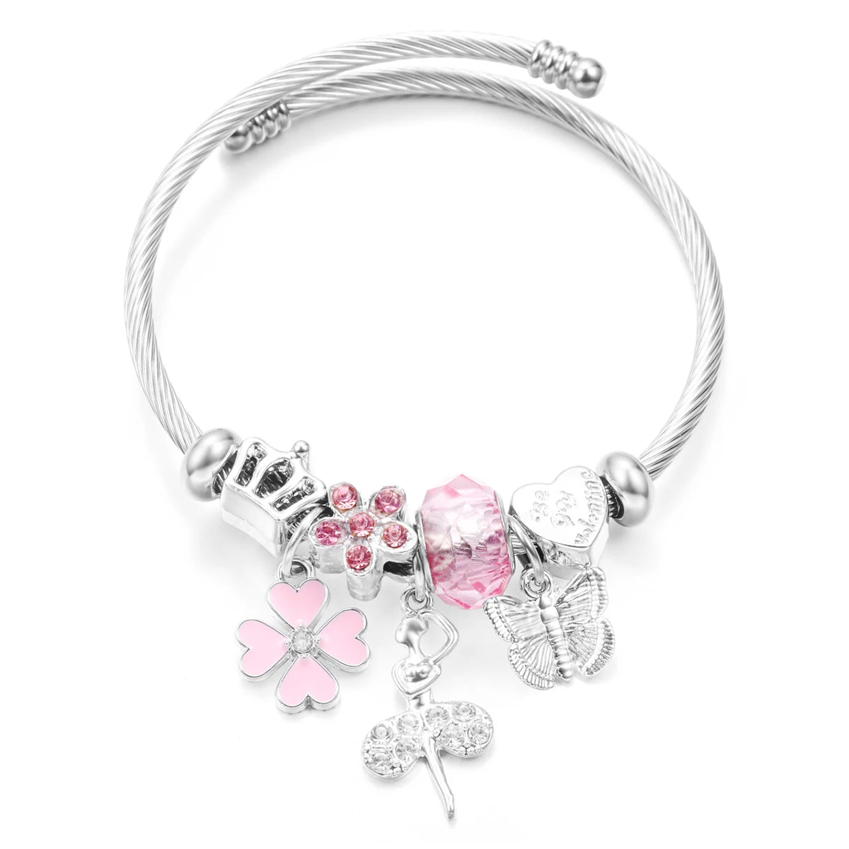 New Trendy Rhinestones Dragonfly Crystal Beaded Pendant Bracelet Stainless Steel 4 Colors Closure Bangles Women'S Bracelet Jewelry