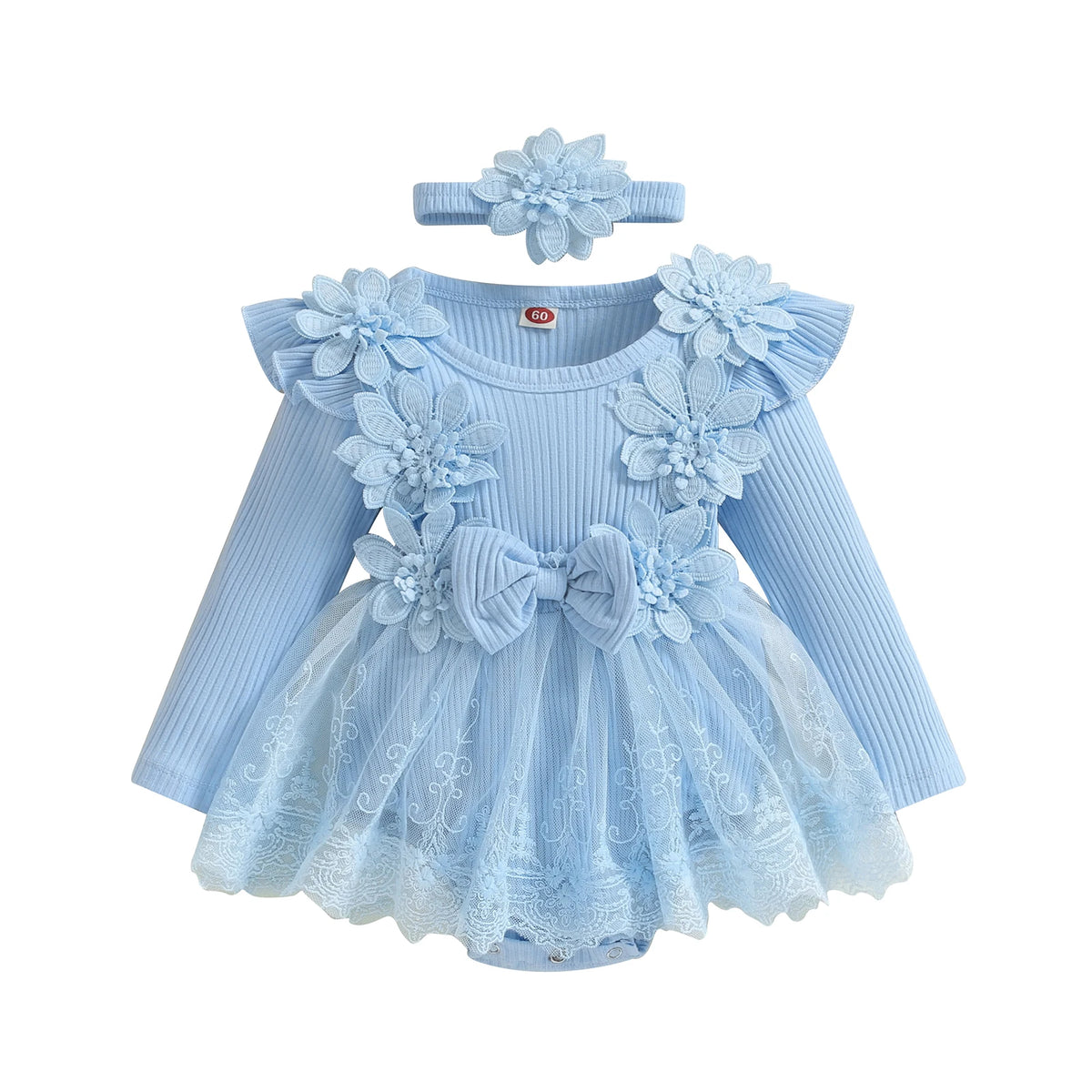 Baby Girls 3D Flower Mesh Lace Ruffle Romper Dress and Headband Set