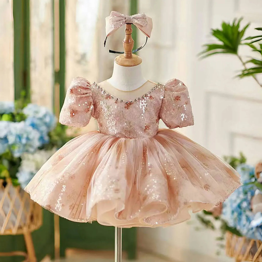 Dreamy Vow D035 Shiny O-Neck Beading Tulle Pink Flower Girl Dress Short Sleeves for Kids Wedding Birthday Party Short Ball Gown