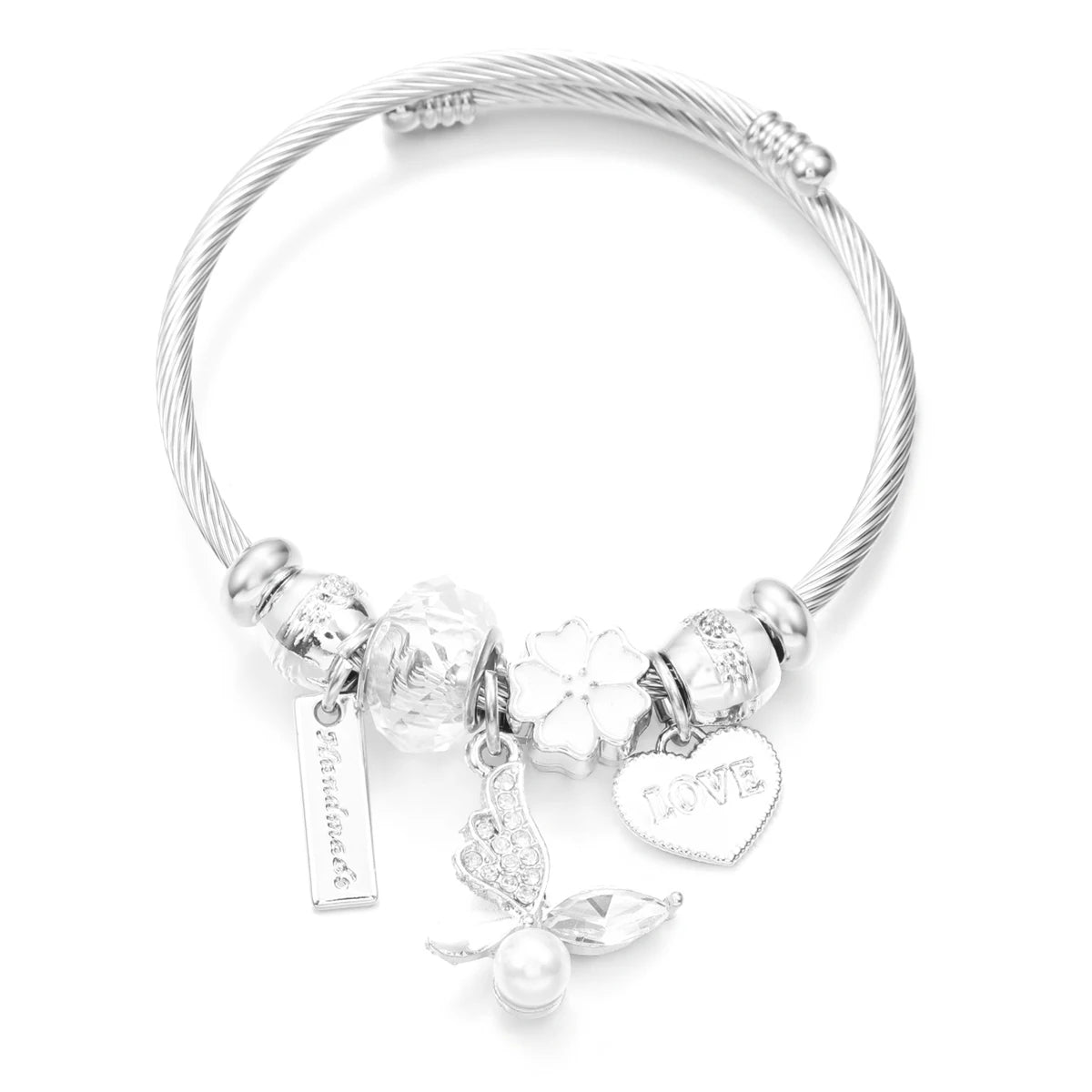 New Trendy Rhinestones Dragonfly Crystal Beaded Pendant Bracelet Stainless Steel 4 Colors Closure Bangles Women'S Bracelet Jewelry