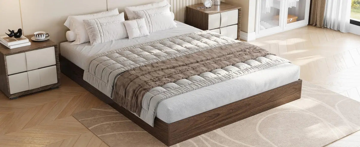 Queen Bed Frame, Wooden Platform Bed with Sturdy Slats, Modern Minimalist Design, No Box Spring Needed, Noise-Free Design, Easy Assembly, Walnut Wood