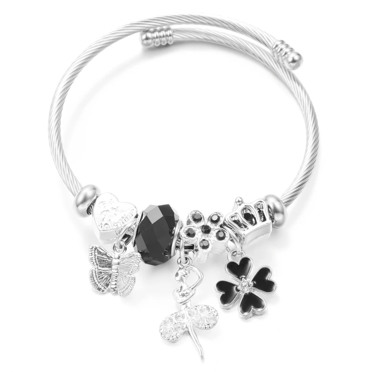 New Trendy Rhinestones Dragonfly Crystal Beaded Pendant Bracelet Stainless Steel 4 Colors Closure Bangles Women'S Bracelet Jewelry