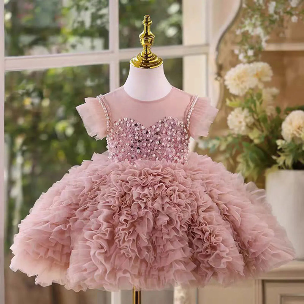 Dreamy Vow D011 Adorable O-Neck Pearl Embellishment Tulle Pink Flower Girl Dress Wedding Holiday Evening Party Knee-Length Prom