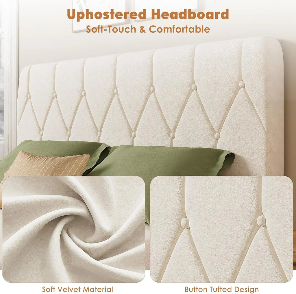 Full/Queen/King Size Velvet Upholstered Bed Frame with 2 Drawers at Footboard, White Soft Upholstered Platform Bed with Under‑Bed Storage for Bedroom