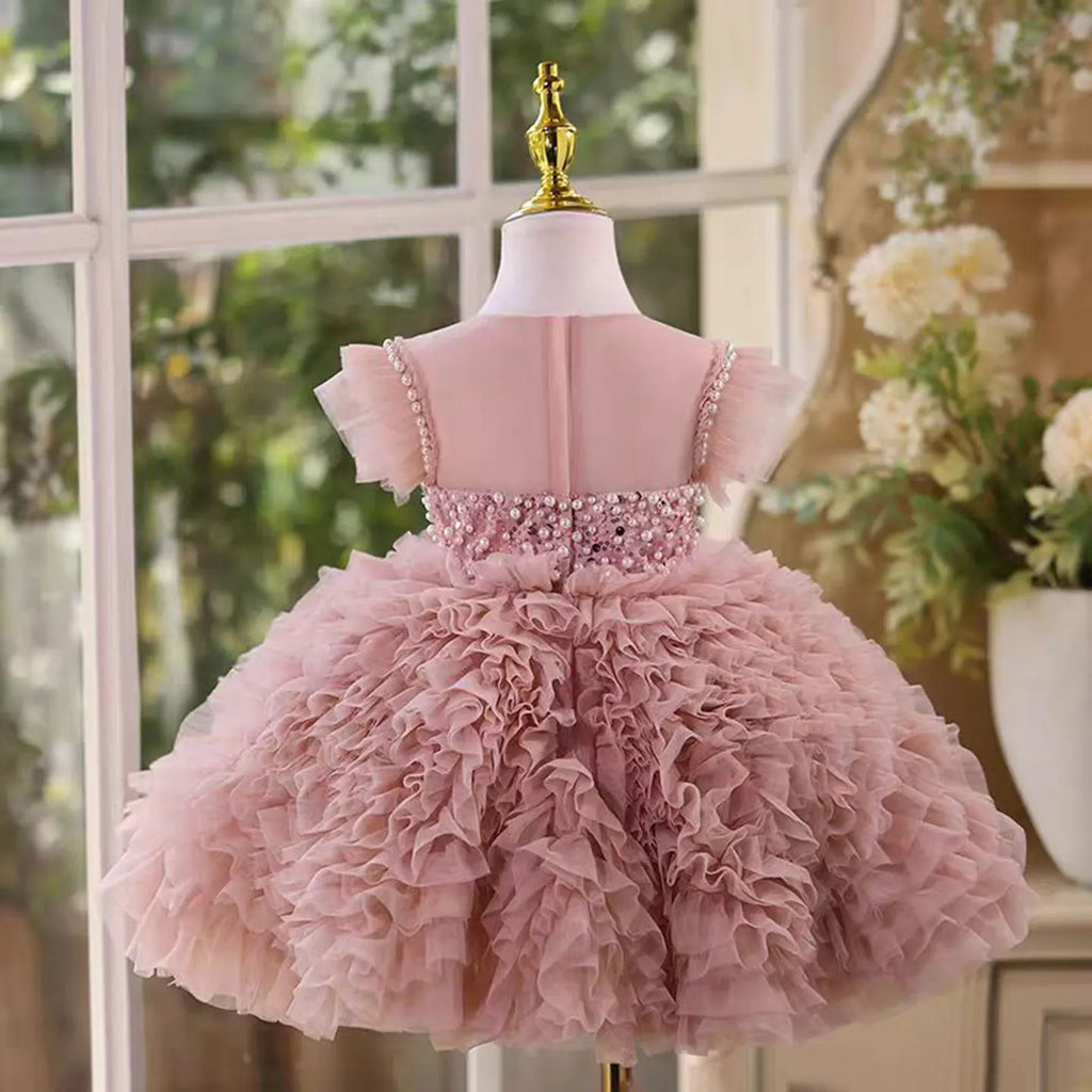 Dreamy Vow D011 Adorable O-Neck Pearl Embellishment Tulle Pink Flower Girl Dress Wedding Holiday Evening Party Knee-Length Prom