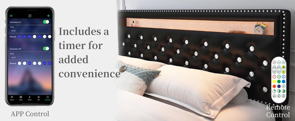 SIBEDS Queen Upholstered Platform Bed Frame with LED Lights and 2 Storage Drawers, Crystal Button Tufted Headboard, Height Adjustable Design, Side Pockets, Solid Slats Support, No Box Spring Needed