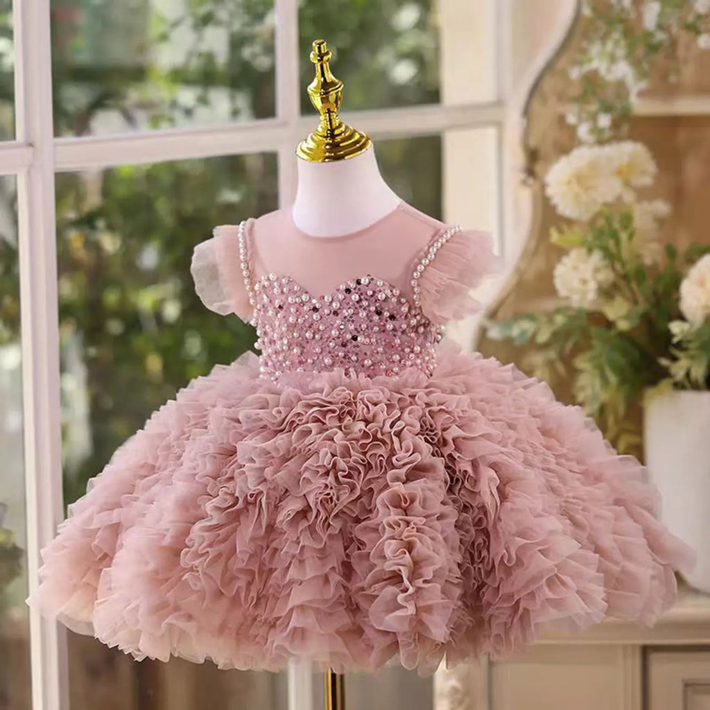 Dreamy Vow D011 Adorable O-Neck Pearl Embellishment Tulle Pink Flower Girl Dress Wedding Holiday Evening Party Knee-Length Prom