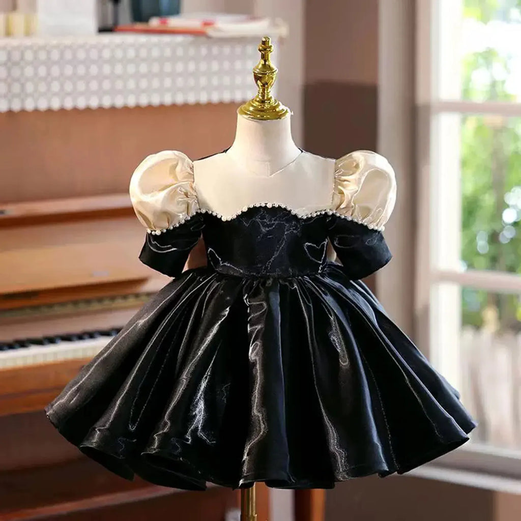 Dreamy Vow J407 Stylish Black Girl Dress Puffed Sleeves Velvet Pearl Trimmed Square Neck Bowed Princess Party Short Ball Gown