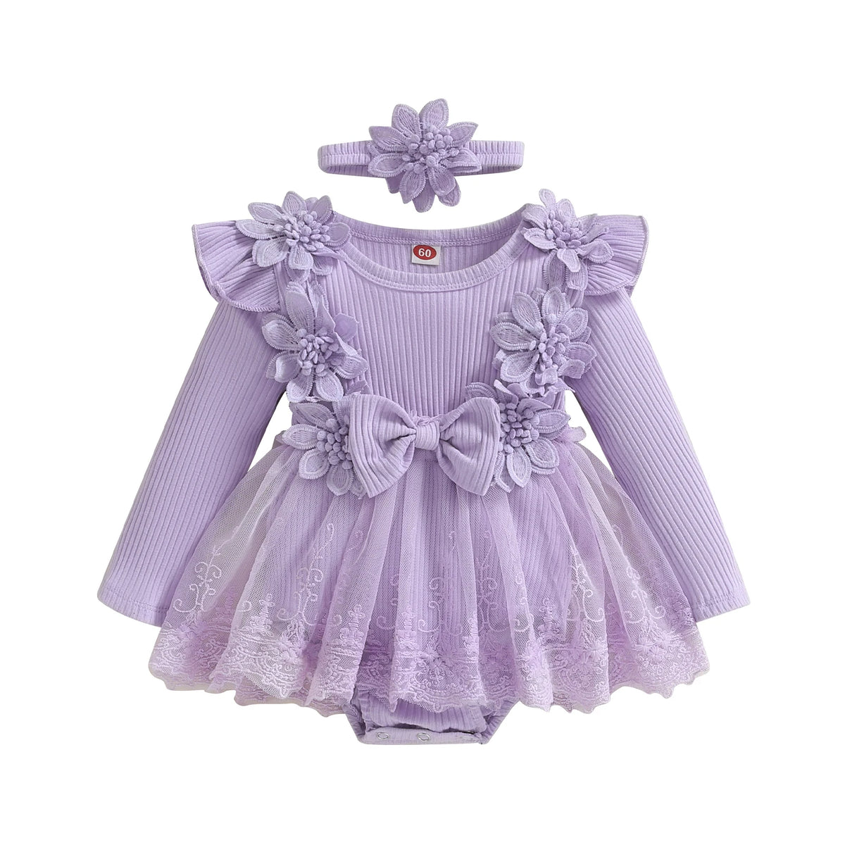 Baby Girls 3D Flower Mesh Lace Ruffle Romper Dress and Headband Set