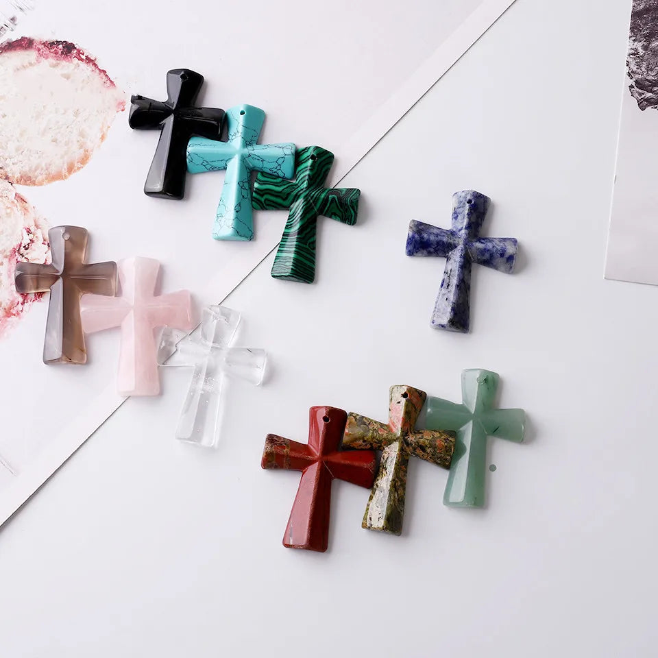 Joya Hand Carved Gemstone Cross Pendant Necklace For Men & Women'S With Adjustable Rope Quartz Crystal Jesus Punk Jewelry
