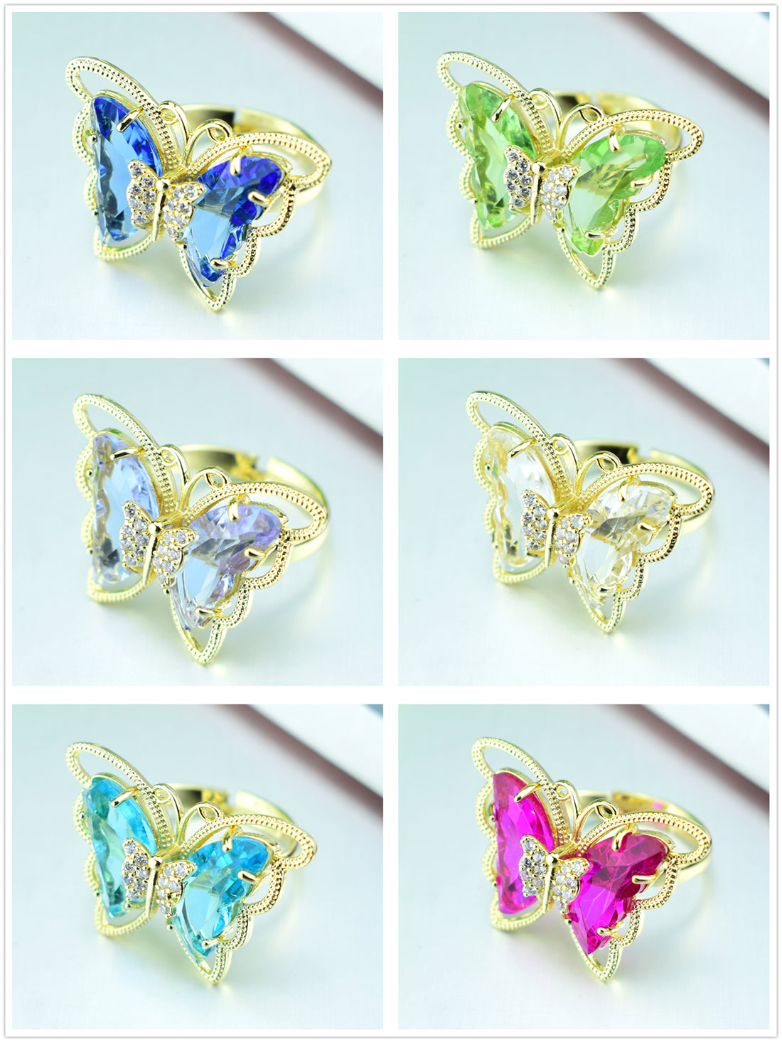 2021 New Fashion Ladies Glass Crystal Butterfly Ring 18 Colors Optional Adjustable Ladies Anniversary Gift Bulk Wholesale