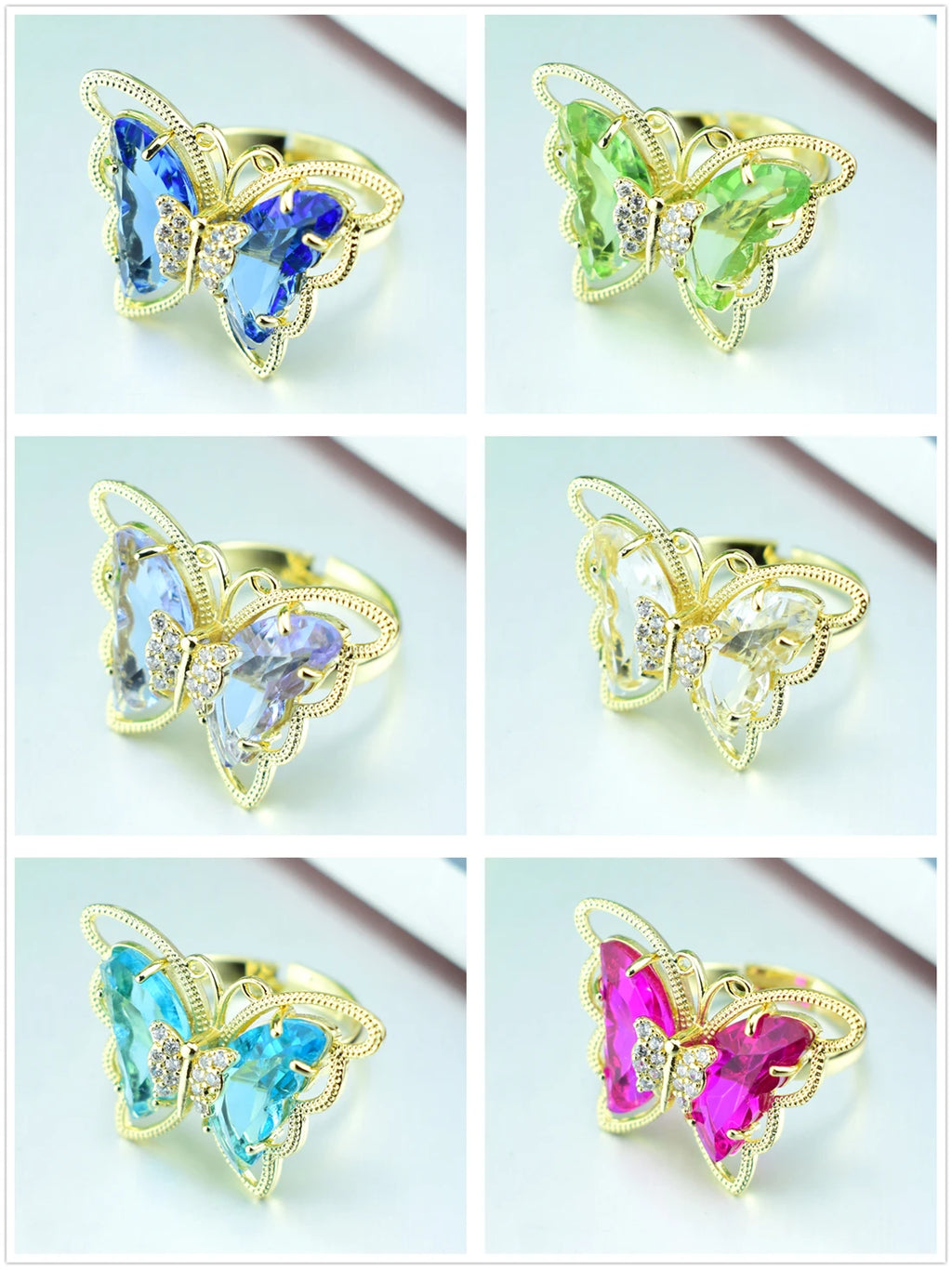 2021 New Fashion Ladies Glass Crystal Butterfly Ring 18 Colors Optional Adjustable Ladies Anniversary Gift Bulk Wholesale