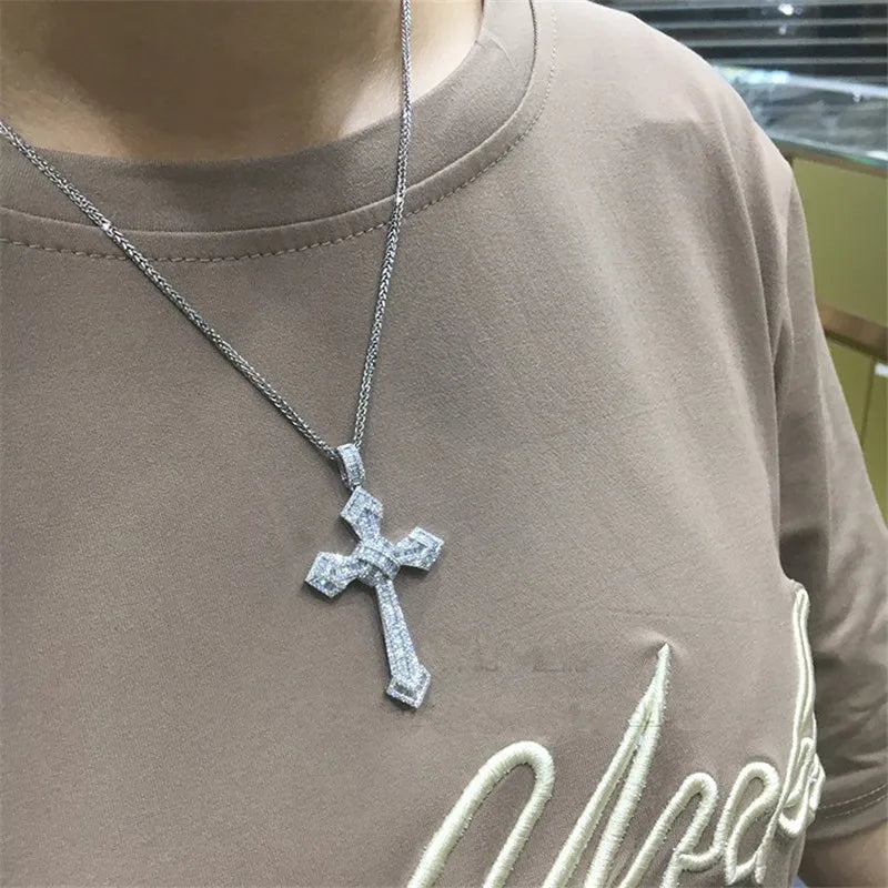 14K Gold Long Diamond Cross Pendant 925 Sterling Silver Wedding Pendants Necklace For Women'S Men Moissanite Jewelry