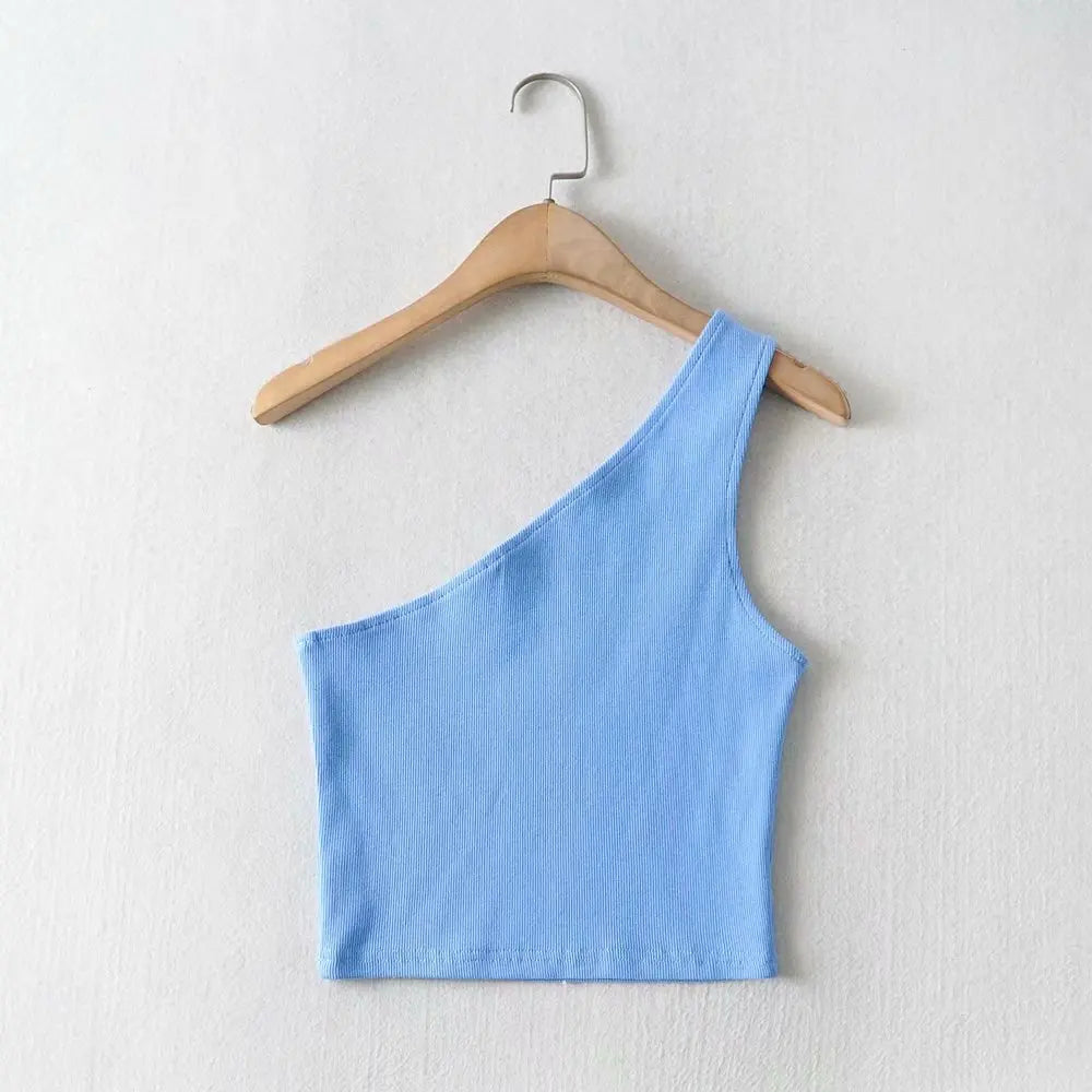One Shoulder Cropped Tanks Top Women Summer Sleeveless Tanks Camis Sexy Oblique Collar Elastic Corset Slim Crop Tops Tube Lady