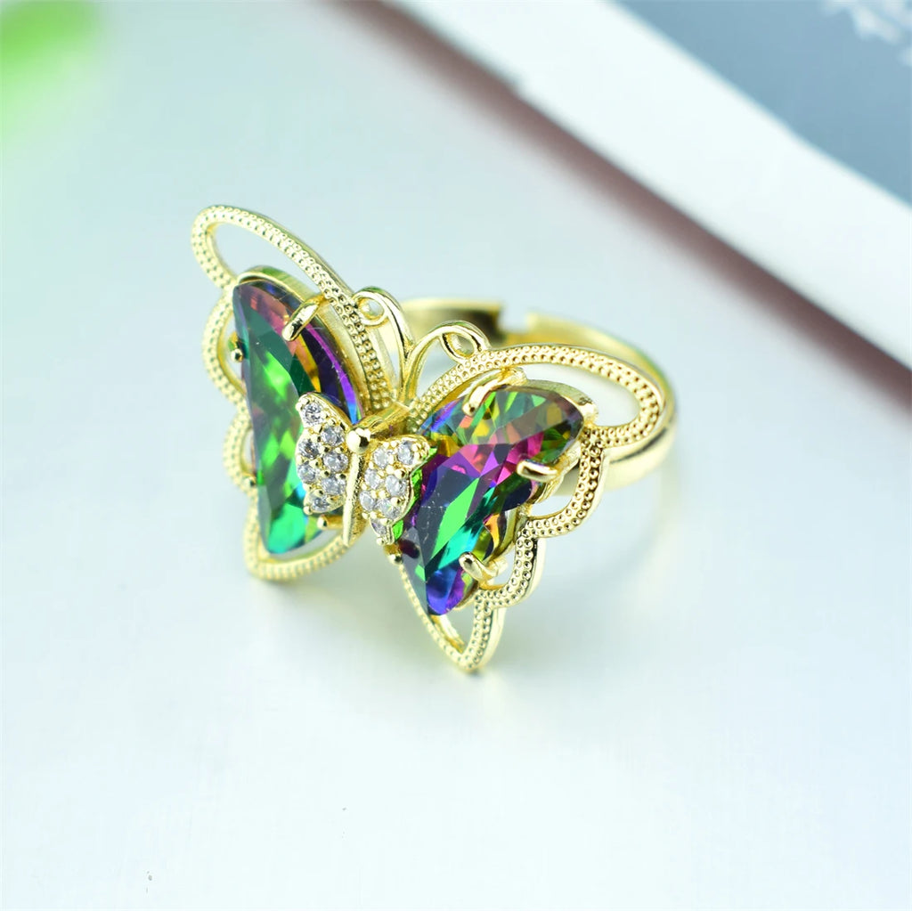 2021 New Fashion Ladies Glass Crystal Butterfly Ring 18 Colors Optional Adjustable Ladies Anniversary Gift Bulk Wholesale