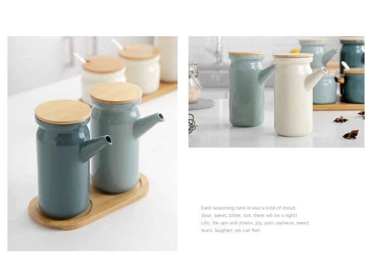 Nordic Ceramic Spice Rack Salt Shaker Pepper Vinegar Oil Bottle Sugar Chili Condiment Box Spices Storage Jar Set Home Kitchen
