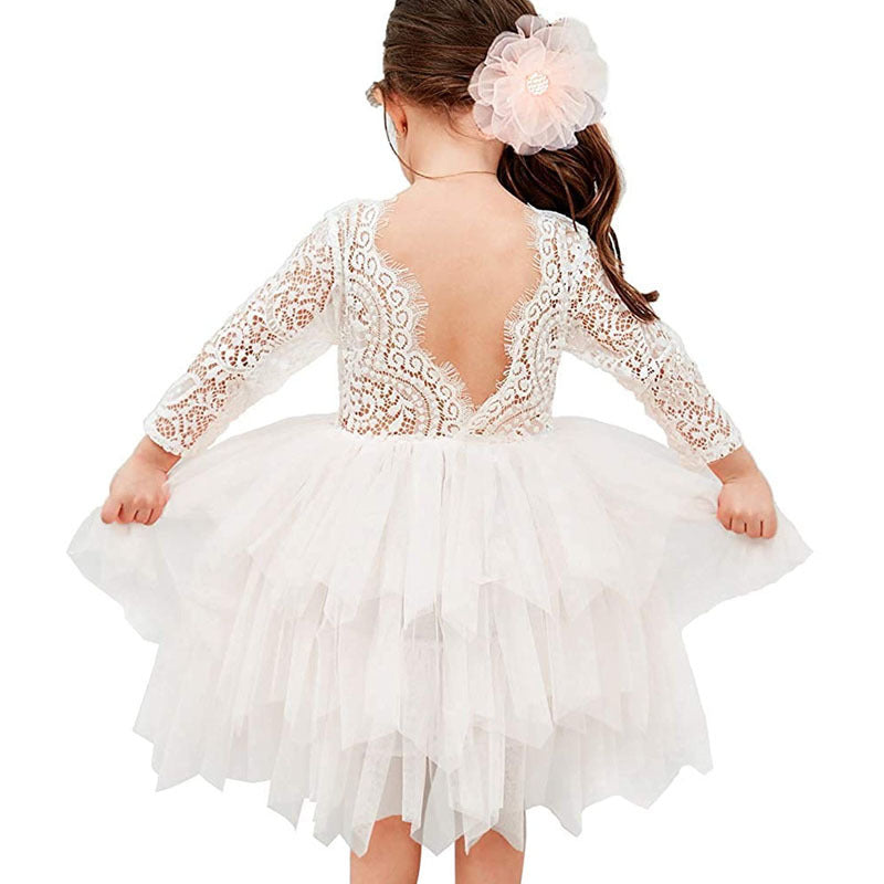 Toddler Girl Ruffles Bridesmaid Dress for Kids Lace Open Back Long Sleeve Tutus Flowers Girls Wedding Costume Clothing