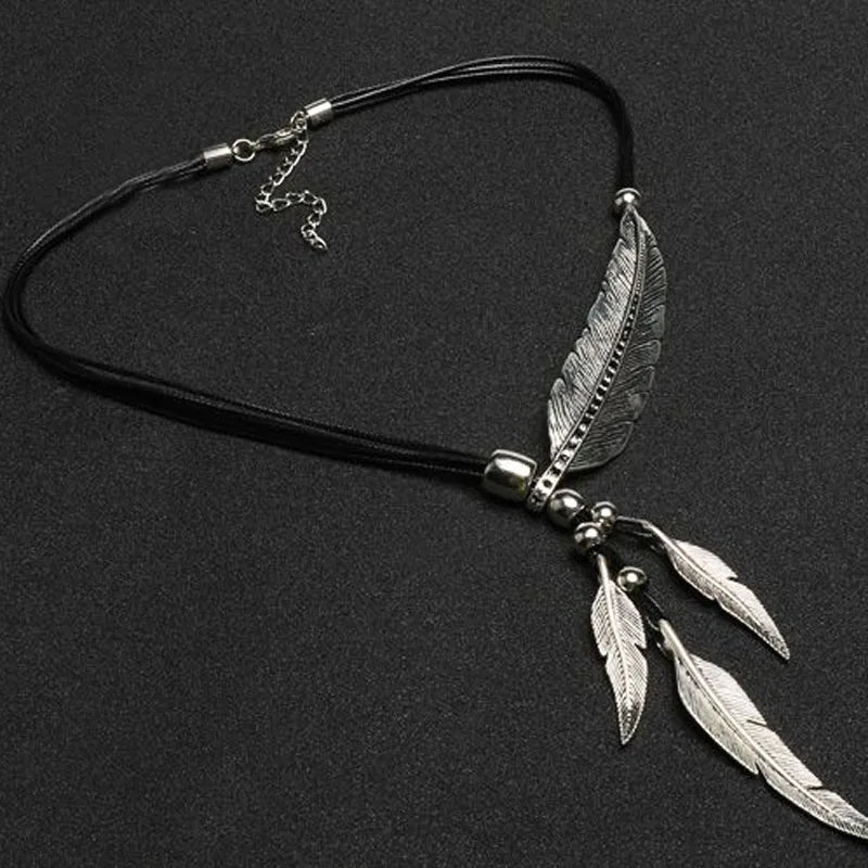 Bohemian Leaf & Feather Rope Chain Pendant Necklace