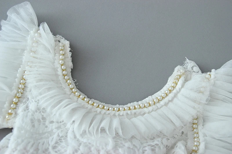 New Girl Dress Kids Flower Princess  Beading Dress for Baby Birthday Kids Flutter Sleeve Cake Dresses Children Clothing Caramel