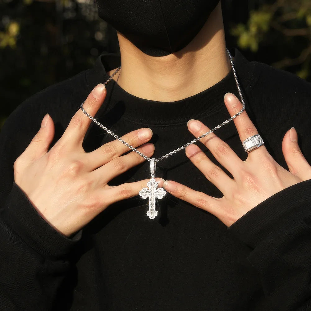 New Fashion Pvd Gold Plated Iced Out Bling 5A Cross Pendant Necklace Twisted Singapore Chain Hip Hop Jewelry For Men