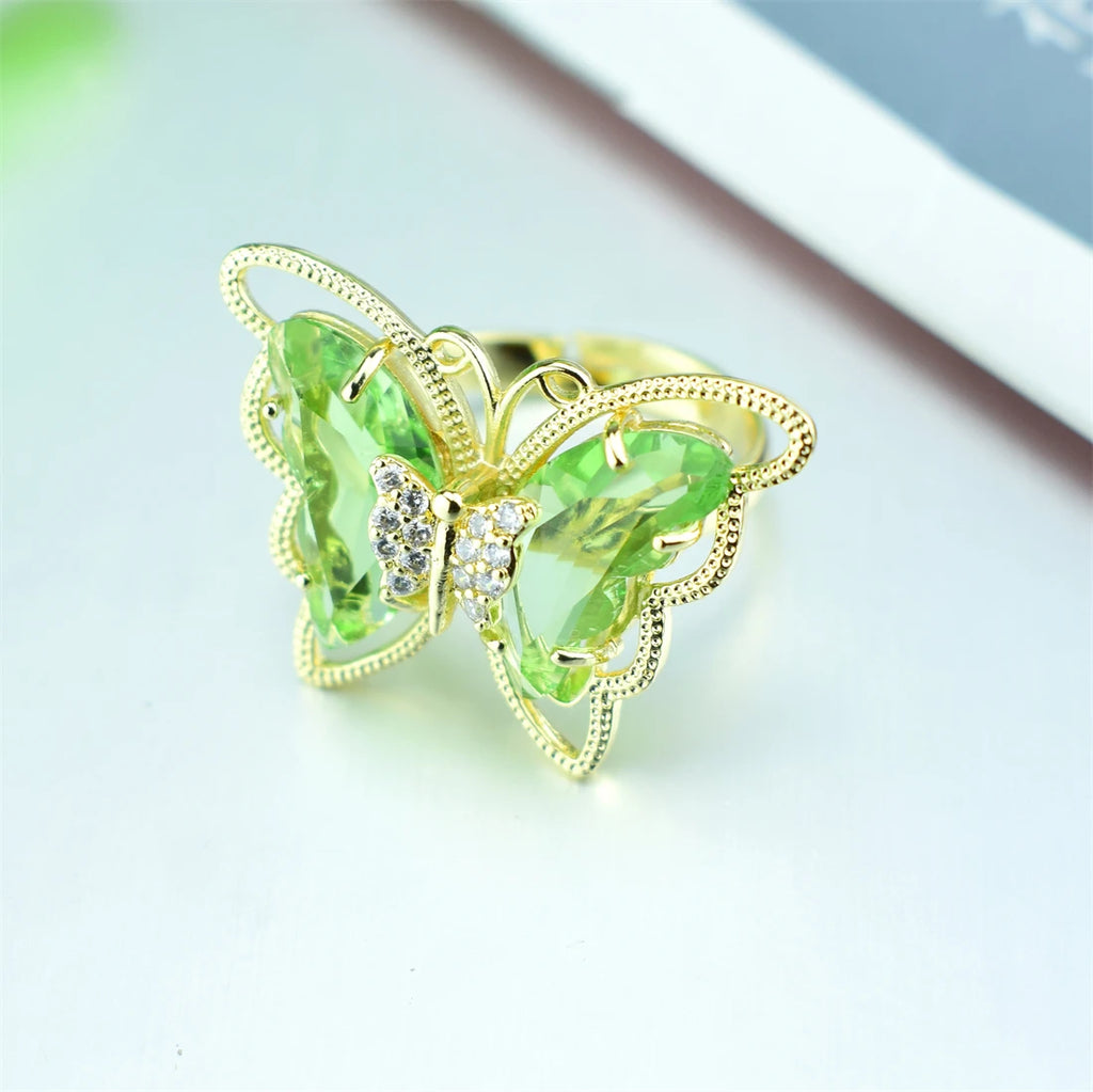 2021 New Fashion Ladies Glass Crystal Butterfly Ring 18 Colors Optional Adjustable Ladies Anniversary Gift Bulk Wholesale