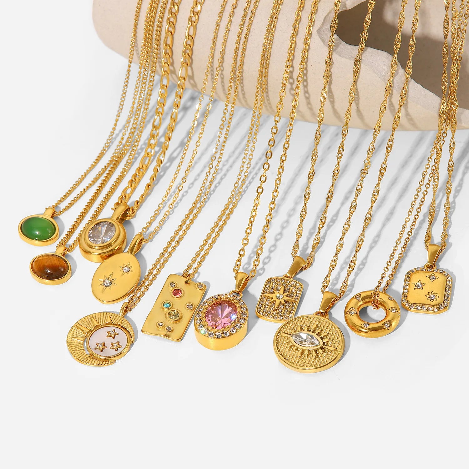 Fashion Oval Natural Tiger Eyes Gemstone Pendant Necklace Women'S 18K Gold Plated Stainless Steel Chain Necklace