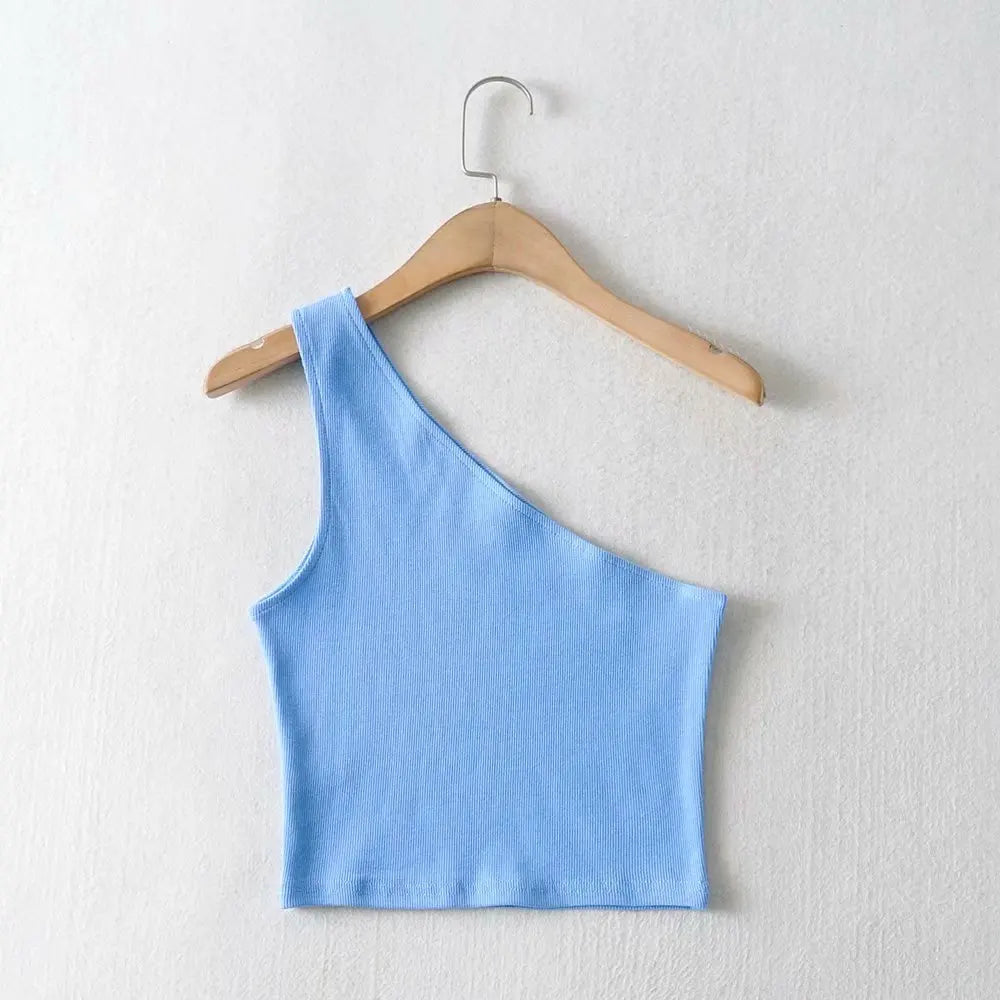 One Shoulder Cropped Tanks Top Women Summer Sleeveless Tanks Camis Sexy Oblique Collar Elastic Corset Slim Crop Tops Tube Lady