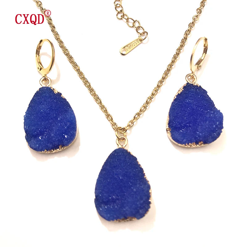 Fashion Cute Lady Water Drop Stainless Steel Resin Pendant Earring Necklace Combination Sweet Multicolor Girl Jewelry Party Gift