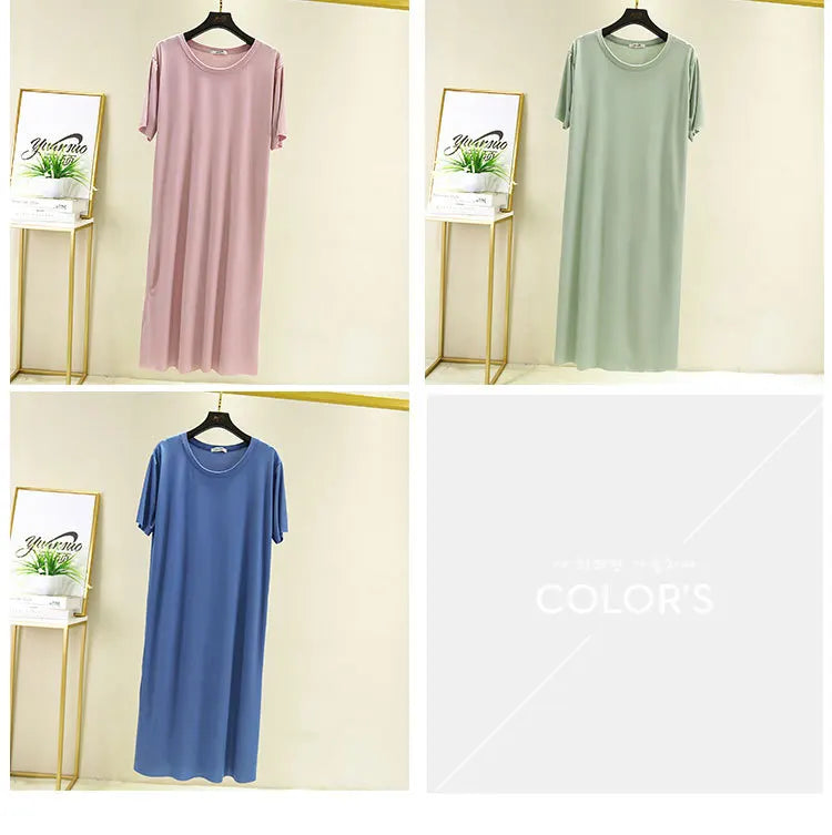 Fresh candy color night dress women new ice silk cotton summer nightshirt casual loose nightgowns student's sleepwear dresses