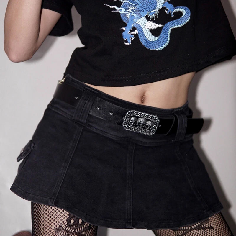 AltGoth Harajuku Y2k Denim Skirt Women Dark Gothic Streetwear Mini Skirt with Skull Belt Mall Goth Punk Grunge Sexy Emo Clubwear