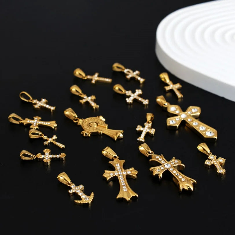 Trendy DIY 316l 18k Stainless Steel Luxury Customize Zircon Cross Charms Pendant Accessories for Jewelry Making Wholesale