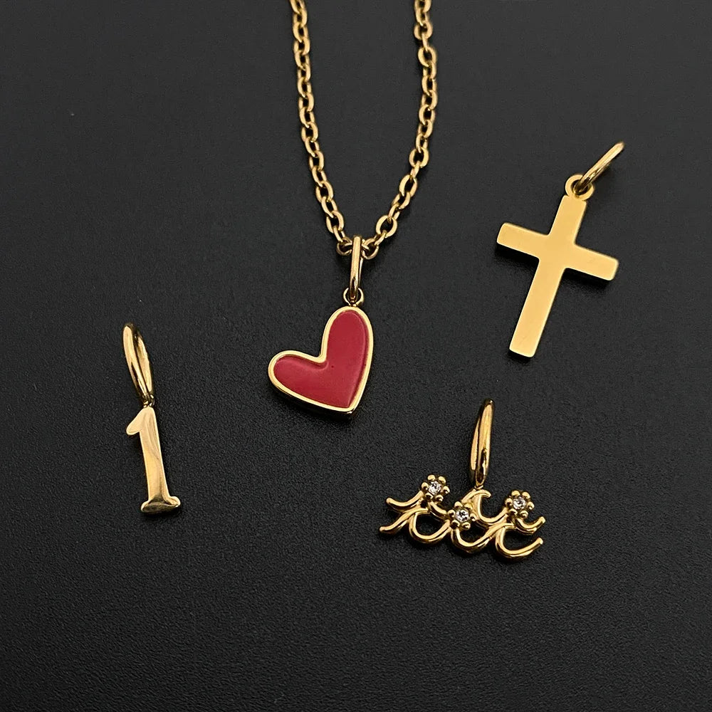 Emanco Gold Color Stainless Steel Necklace Romantic Style Heart Cross Zircon Elements Occasion Trendy Statement Jewelry