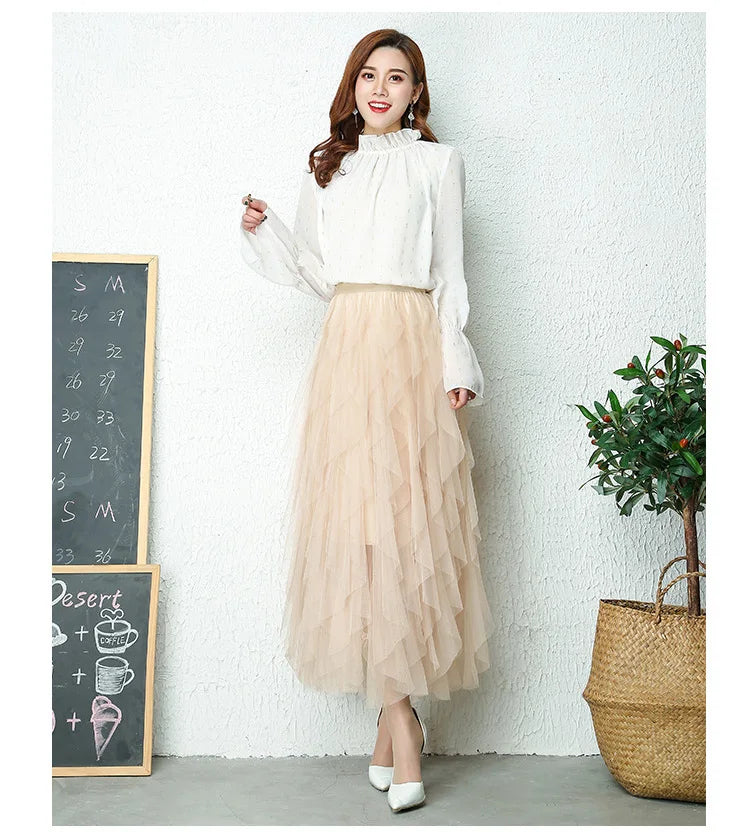 Fashion Tutu Tulle Skirt Women Long Maxi Skirt 2024 Spring Summer Korean Black Pink High Waist Pleated Skirt Female