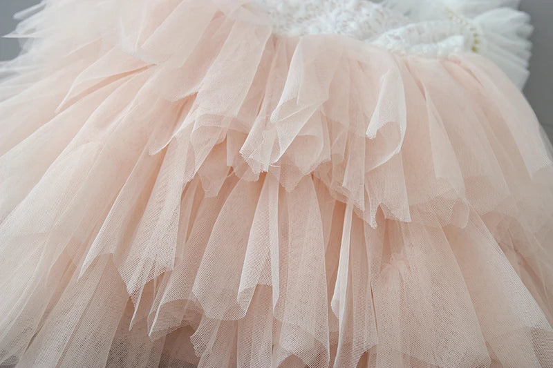New Girl Dress Kids Flower Princess  Beading Dress for Baby Birthday Kids Flutter Sleeve Cake Dresses Children Clothing Caramel