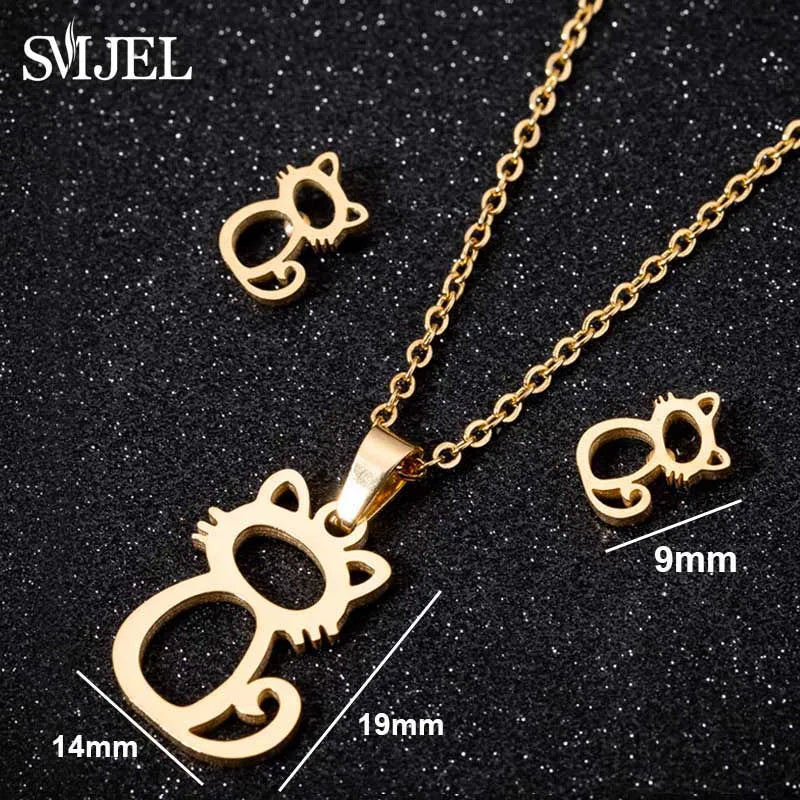 Hermoso juego de joyas de acero inoxidable con forma de gato gatito de color dorado, collares para hombre, collares de moda, pendientes de gato huecos, collar de pata