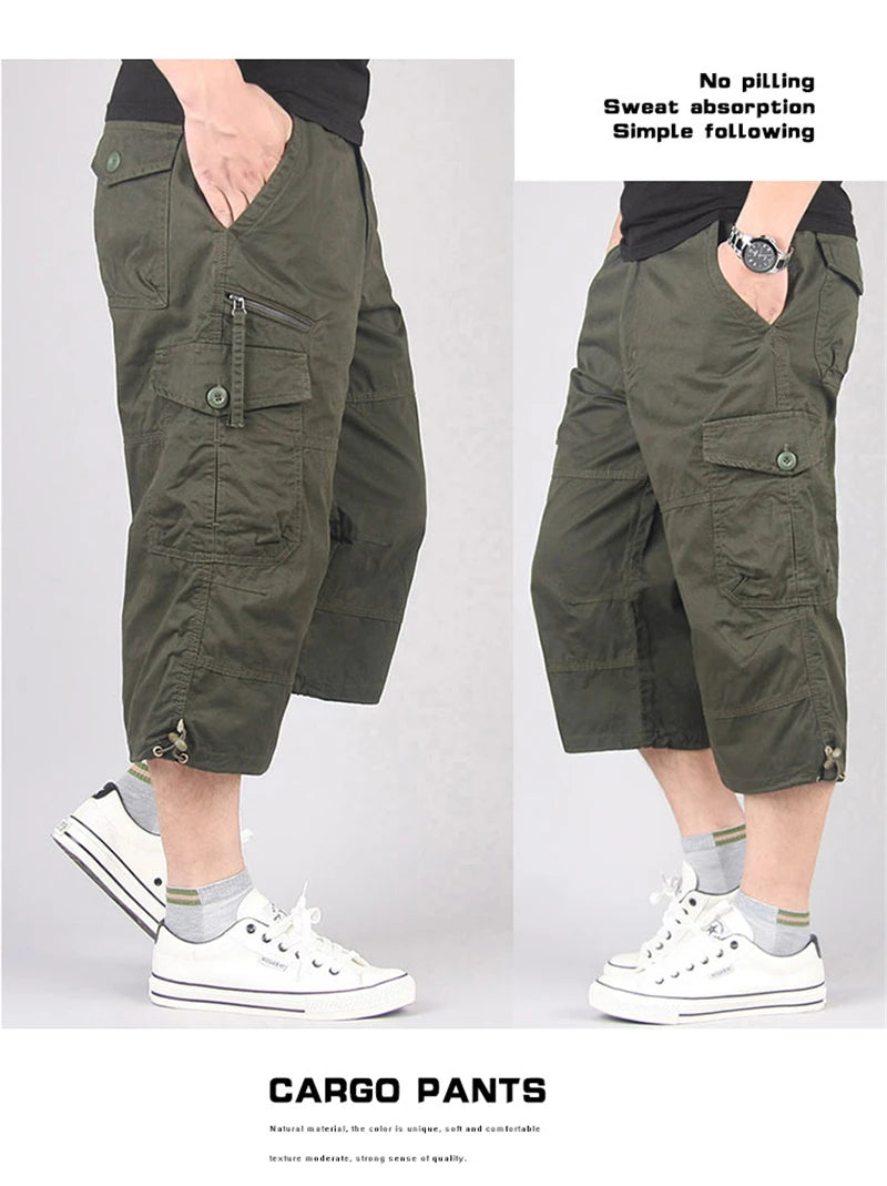 Long Length Cargo Shorts Men Summer Multi-Pocket Casual Cotton Elastic Capri Pants Men Military Tactical Short Hot Breeches  5XL