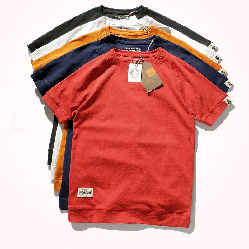 2025 Summer New Raglan Sleeve Solid Color T-shirt Men's Fashion Short-sleeved Round Neck 100% Cotton Washed Bottoming Tops
