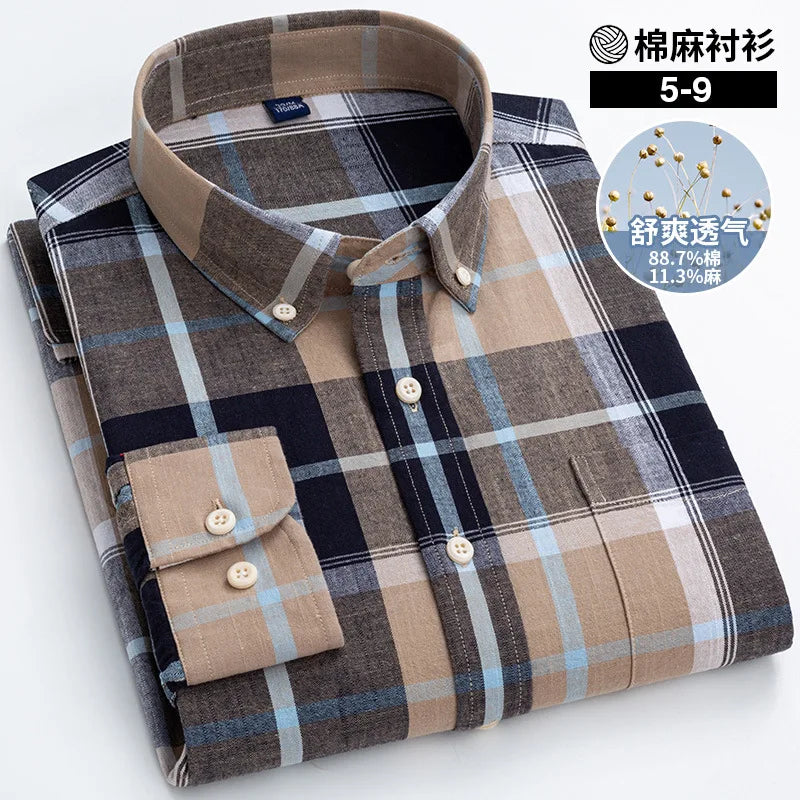 Men's Cotton Linen Long Sleeve Casual Button-Up Shirt - Slim Fit