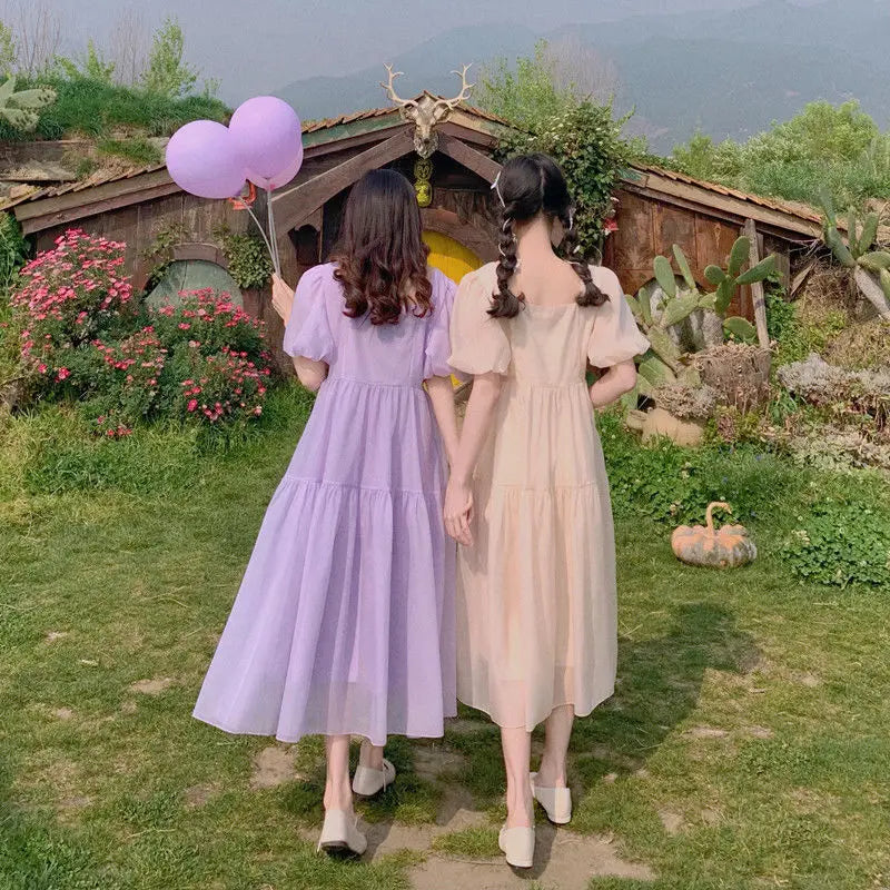 French Square Neck Puff Sleeve Dress Women Mesh Bow Loose Long Summer New Purple Dresses Female