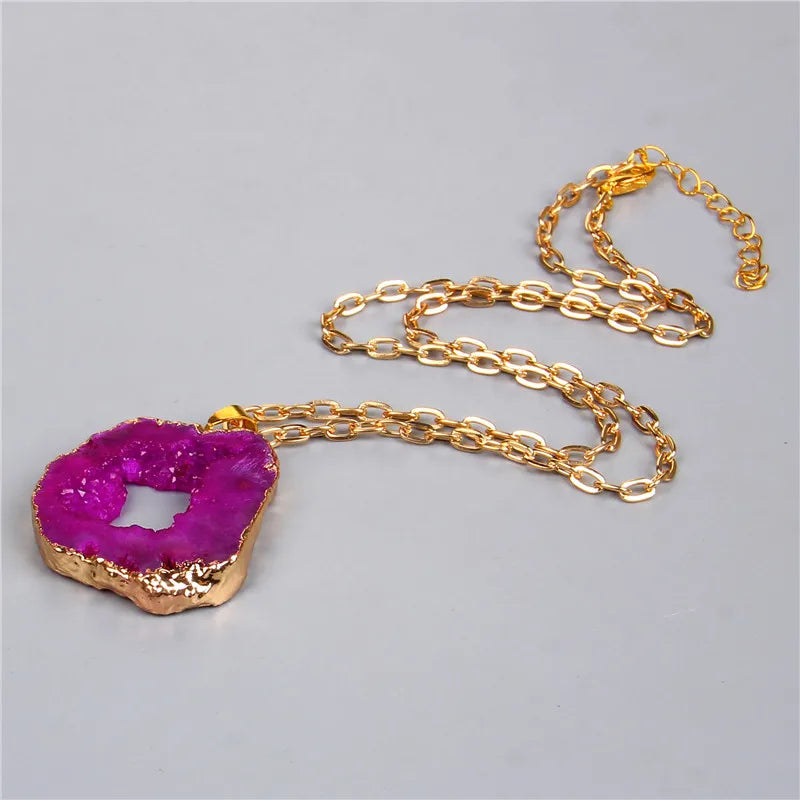 Metal chain healing energy necklace for women Dyed Natural crystal agat druzy crystal Minerals gem stone pendant charm necklace