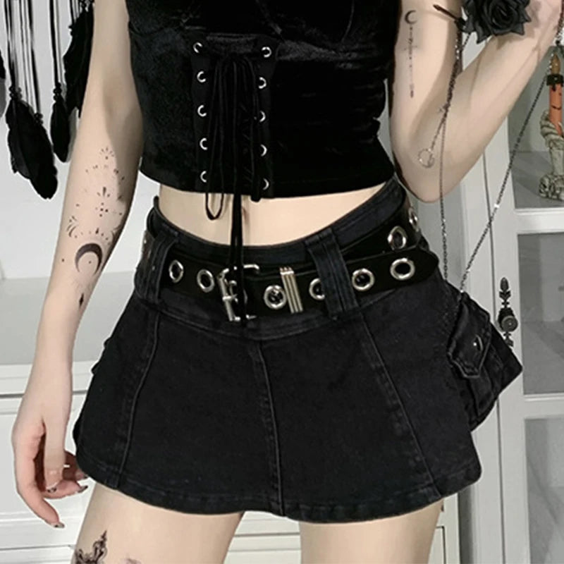 AltGoth Harajuku Y2k Denim Skirt Women Dark Gothic Streetwear Mini Skirt with Skull Belt Mall Goth Punk Grunge Sexy Emo Clubwear