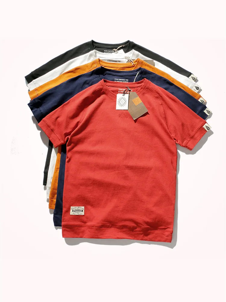 2025 Summer New Raglan Sleeve Solid Color T-shirt Men's Fashion Short-sleeved Round Neck 100% Cotton Washed Bottoming Tops