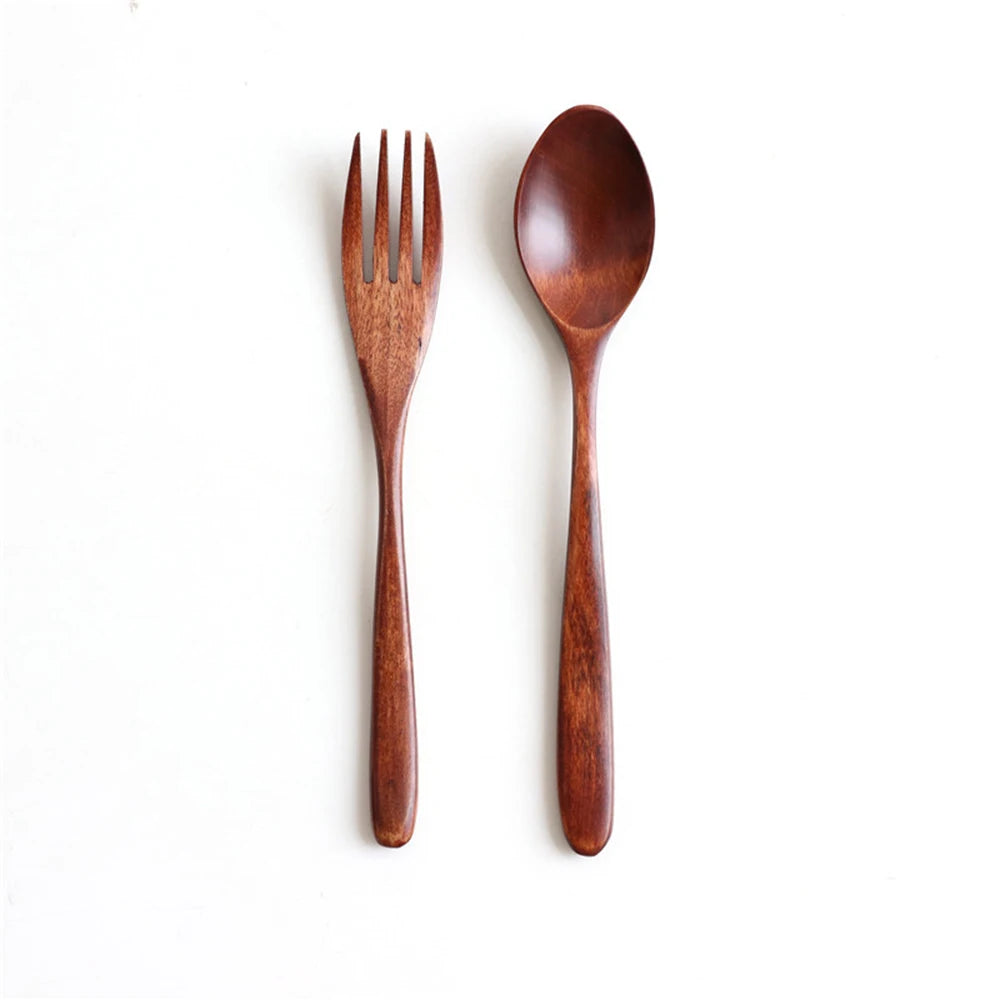 2 Cucharas y Tenedores de Madera Natural para Cena, Kit de Utensilios para Arroz, Sopas, Cereales, Hecho a Mano, Vajilla para Mesa de Hogar, Cubiertos para Cocina