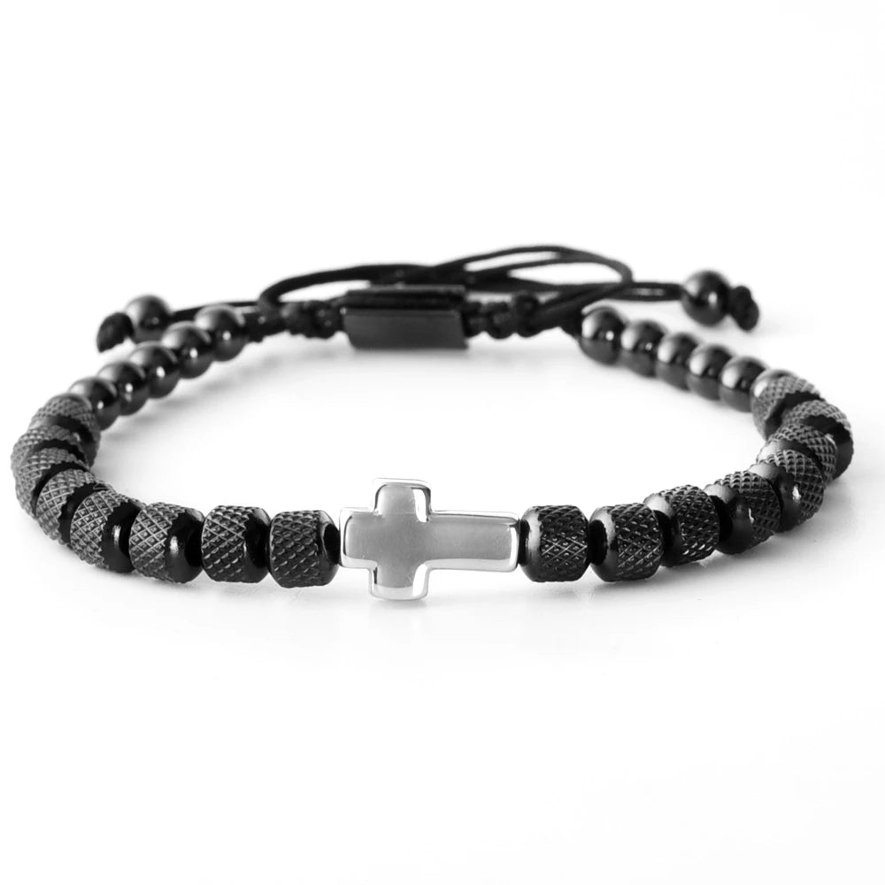 Cross Stainless Steel Beaded Bracelet Handmade Prayer Fitness Jewelry For Men And Women