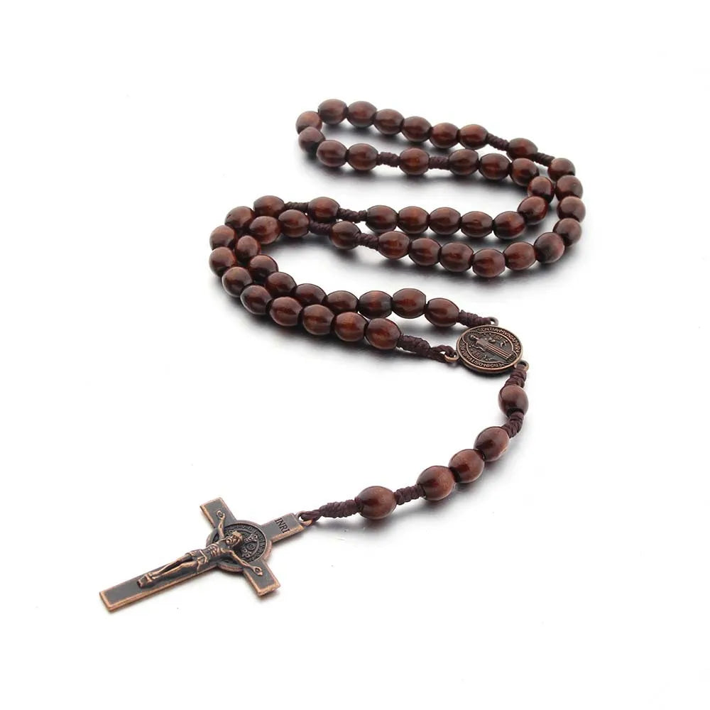 Jesus Cross Pendant Necklace Catholic Rosary Christian Religious Cross Hand Made Wooden Beads Exorcism Necklace Vintage Jewelry