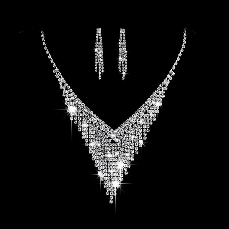Bridal Jewelry Set Glamorous Crystal Rhinestones Necklace Earrings Silver Plated For Brides