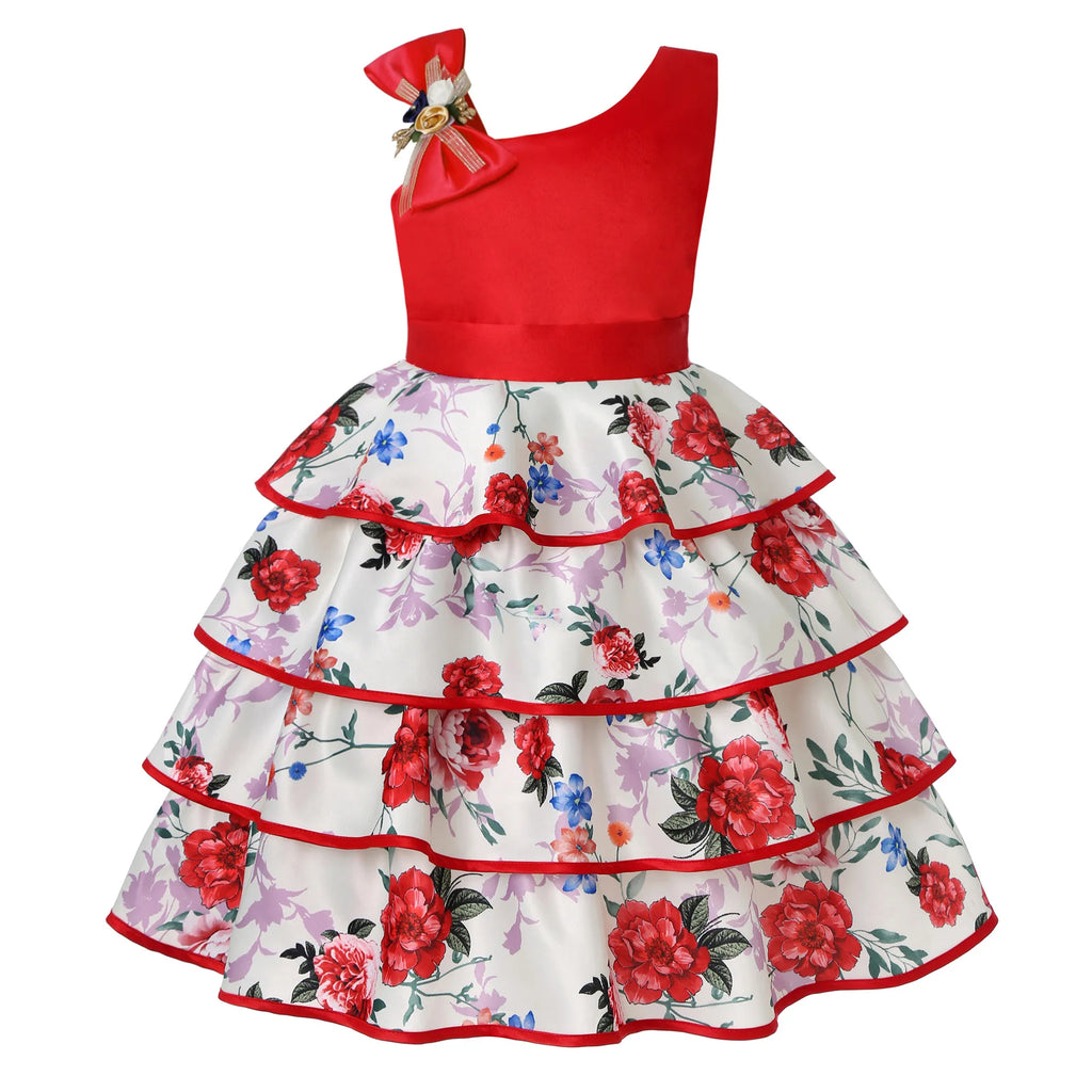 HETISO Floral Girl Dress Flower Printed Layered Princess Dresses for Girls Party Wedding Summer Dress Children's Clothing 6 8 10