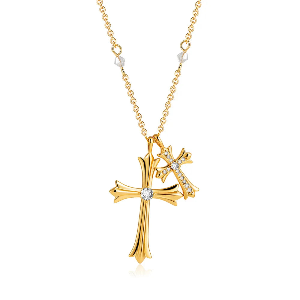 Stainless Steel Igi Certificate 18K Gold Plated Cross Crystal Rhinestone Bamboo Chain Pendant Necklace For Anniversary Wedding